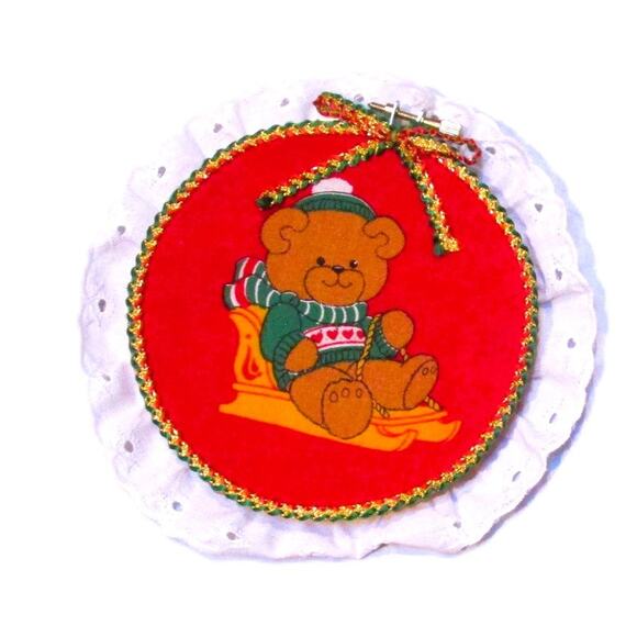 Artist Made Ornaments Christmas Bears Round 5 Inches Fabric Lace Braid Set of 5 - Picture 3 of 7